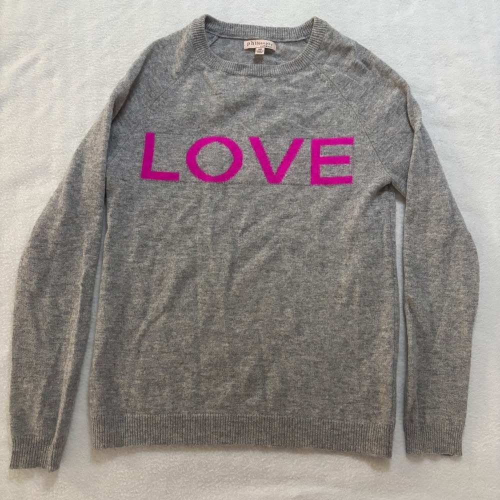 Philosophy Cashmere Love Sweater Gray Pink Graphic Crewneck 100% Cashmere XS